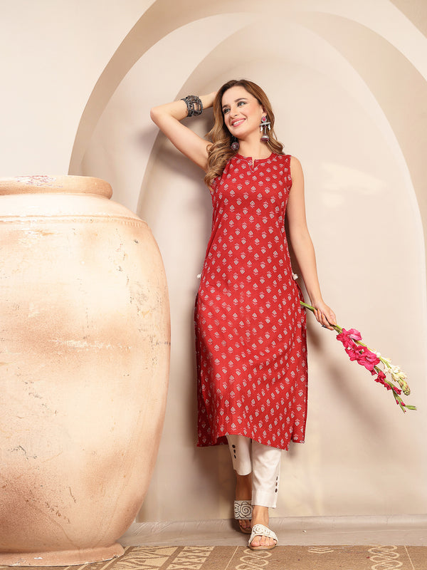 Kimayra Cotton Calf Length Printed Sleeveless Round Neck Straight Kurta