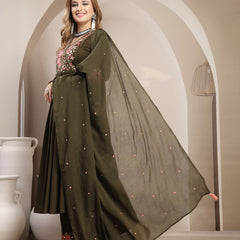 Kimayra Cotton Calf Length Solid 3/4 Sleeve V-Neck Flared Kurta Suit Set