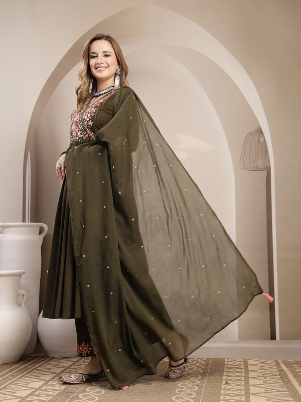 Kimayra Cotton Calf Length Solid 3/4 Sleeve V-Neck Flared Kurta Suit Set
