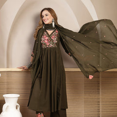 Kimayra Cotton Calf Length Solid 3/4 Sleeve V-Neck Flared Kurta Suit Set