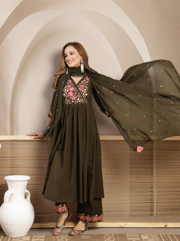 Kimayra Cotton Calf Length Solid 3/4 Sleeve V-Neck Flared Kurta Suit Set