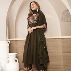 Kimayra Cotton Calf Length Solid 3/4 Sleeve V-Neck Flared Kurta Suit Set