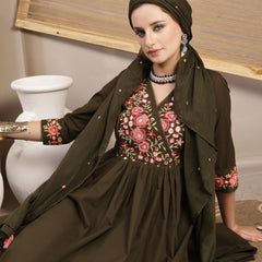 Kimayra Cotton Calf Length Solid 3/4 Sleeve V-Neck Flared Kurta Suit Set