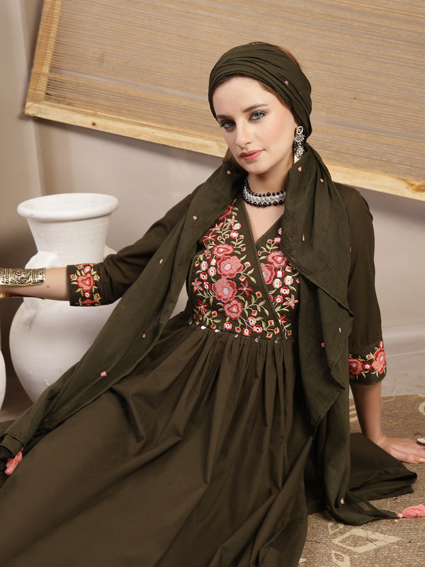 Kimayra Cotton Calf Length Solid 3/4 Sleeve V-Neck Flared Kurta Suit Set