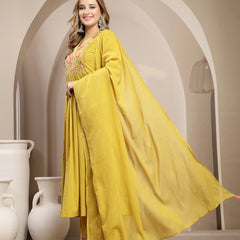 Kimayra Cotton Calf Length Solid 3/4 Sleeve V-Neck Flared Kurta Suit Set