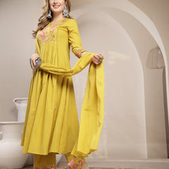 Kimayra Cotton Calf Length Solid 3/4 Sleeve V-Neck Flared Kurta Suit Set