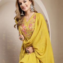 Kimayra Cotton Calf Length Solid 3/4 Sleeve V-Neck Flared Kurta Suit Set