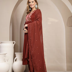 Kimayra Cotton Calf Length Solid 3/4 Sleeve V-Neck Flared Kurta Suit Set