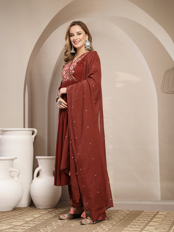 Kimayra Cotton Calf Length Solid 3/4 Sleeve V-Neck Flared Kurta Suit Set
