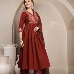 Kimayra Cotton Calf Length Solid 3/4 Sleeve V-Neck Flared Kurta Suit Set