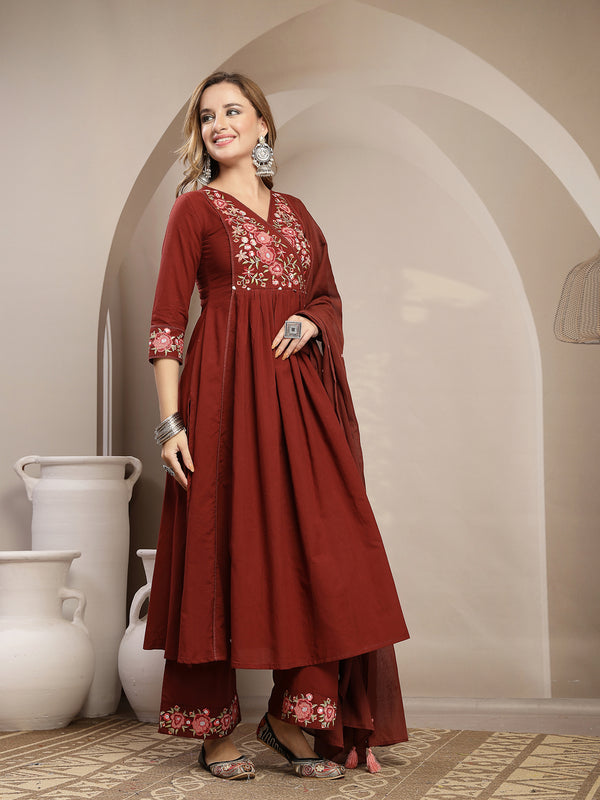 Kimayra Cotton Calf Length Solid 3/4 Sleeve V-Neck Flared Kurta Suit Set