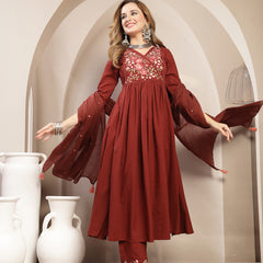 Kimayra Cotton Calf Length Solid 3/4 Sleeve V-Neck Flared Kurta Suit Set
