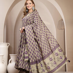 Kimayra Malmal Calf Length Printed Full Sleeve Round Neck Anarkali Kurta Suit Set