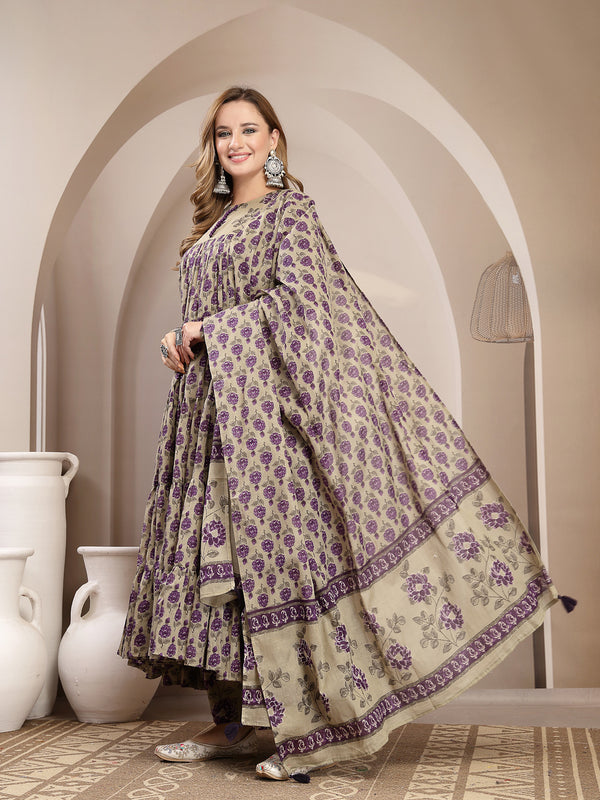 Kimayra Malmal Calf Length Printed Full Sleeve Round Neck Anarkali Kurta Suit Set