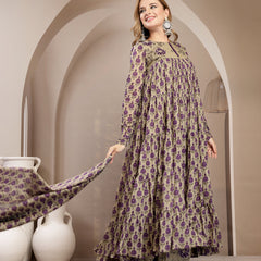 Kimayra Malmal Calf Length Printed Full Sleeve Round Neck Anarkali Kurta Suit Set