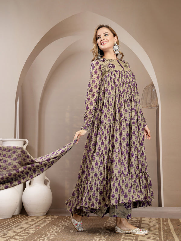 Kimayra Malmal Calf Length Printed Full Sleeve Round Neck Anarkali Kurta Suit Set
