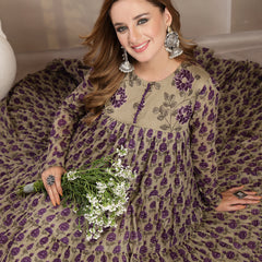 Kimayra Malmal Calf Length Printed Full Sleeve Round Neck Anarkali Kurta Suit Set