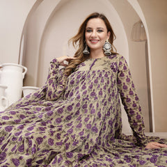 Kimayra Malmal Calf Length Printed Full Sleeve Round Neck Anarkali Kurta Suit Set
