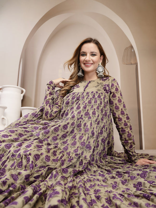 Kimayra Malmal Calf Length Printed Full Sleeve Round Neck Anarkali Kurta Suit Set