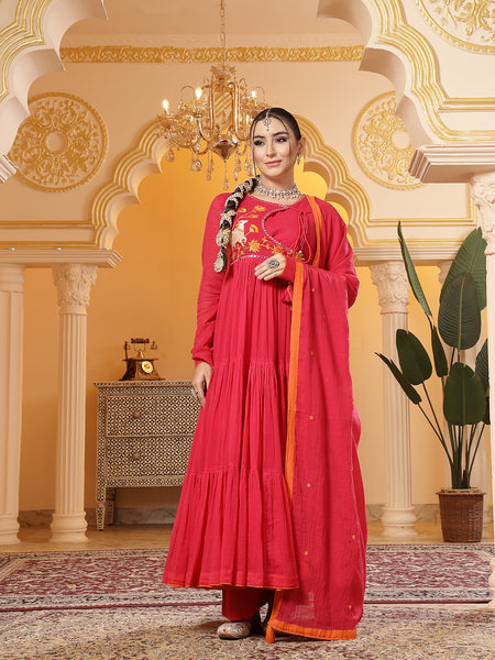 Kimayra Malmal Calf Length Solid Full Sleeves Round Neck Anarkali Kurta Suit Set