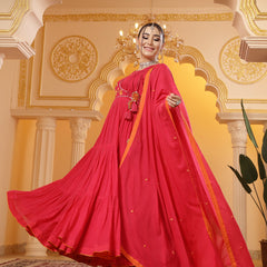 Kimayra Malmal Calf Length Solid Full Sleeves Round Neck Anarkali Kurta Suit Set