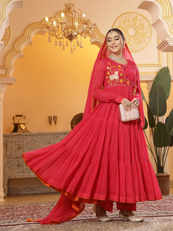 Kimayra Malmal Calf Length Solid Full Sleeves Round Neck Anarkali Kurta Suit Set