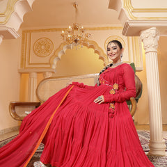 Kimayra Malmal Calf Length Solid Full Sleeves Round Neck Anarkali Kurta Suit Set