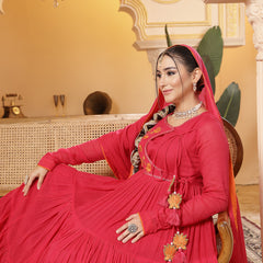 Kimayra Malmal Calf Length Solid Full Sleeves Round Neck Anarkali Kurta Suit Set