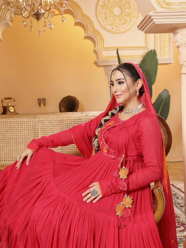 Kimayra Malmal Calf Length Solid Full Sleeves Round Neck Anarkali Kurta Suit Set