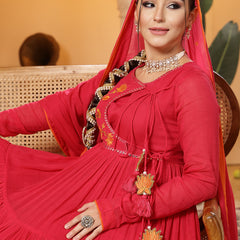 Kimayra Malmal Calf Length Solid Full Sleeves Round Neck Anarkali Kurta Suit Set