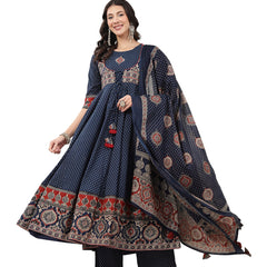 Kimayra Cotton Calf Length Printed 3/4 Sleeve Round Neck Flared Kurta Suit Set