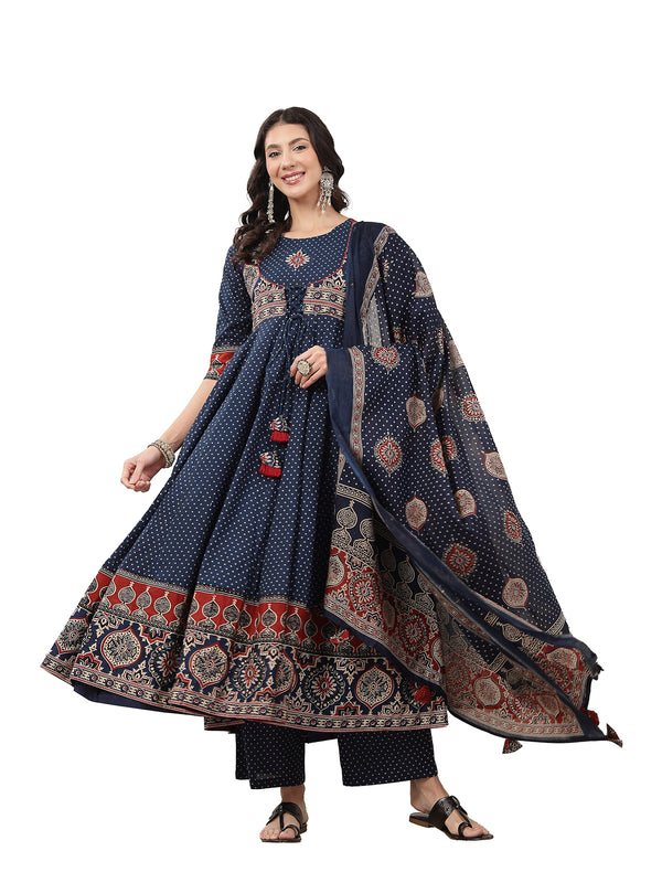 Kimayra Cotton Calf Length Printed 3/4 Sleeve Round Neck Flared Kurta Suit Set