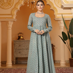 Kimayra Cotton Calf Length Printed Full Sleeves Round Neck Anarkali Kurta Suit Set