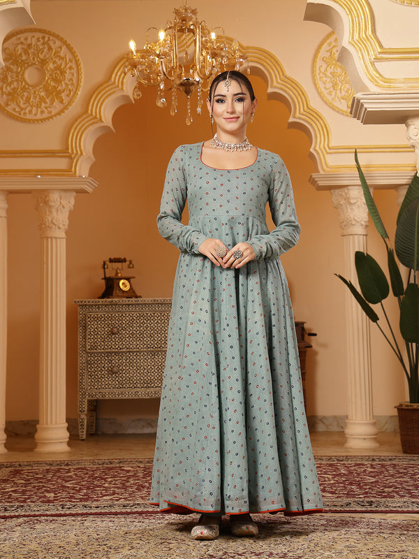 Kimayra Cotton Calf Length Printed Full Sleeves Round Neck Anarkali Kurta Suit Set