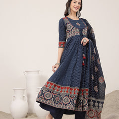 Kimayra Cotton Calf Length Printed 3/4 Sleeve Round Neck Flared Kurta Suit Set