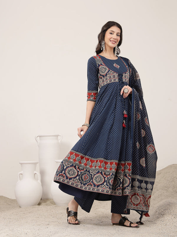 Kimayra Cotton Calf Length Printed 3/4 Sleeve Round Neck Flared Kurta Suit Set