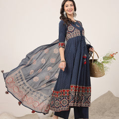 Kimayra Cotton Calf Length Printed 3/4 Sleeve Round Neck Flared Kurta Suit Set