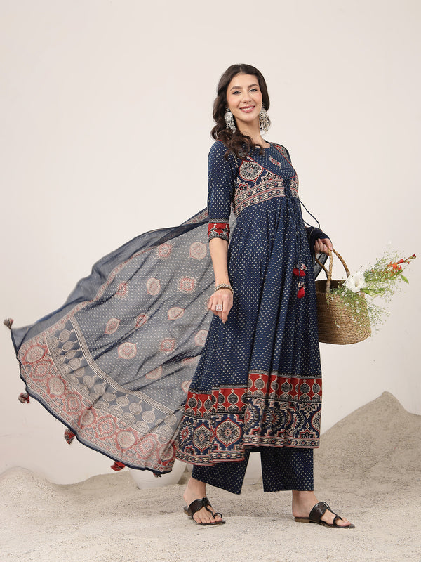 Kimayra Cotton Calf Length Printed 3/4 Sleeve Round Neck Flared Kurta Suit Set