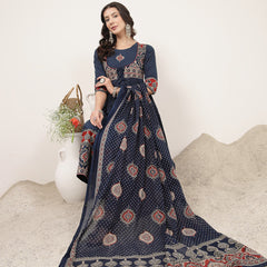 Kimayra Cotton Calf Length Printed 3/4 Sleeve Round Neck Flared Kurta Suit Set