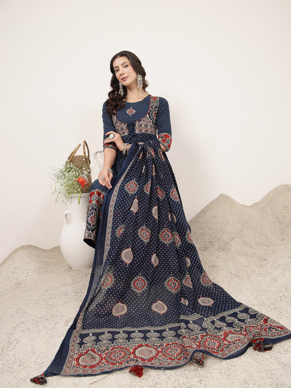 Kimayra Cotton Calf Length Printed 3/4 Sleeve Round Neck Flared Kurta Suit Set