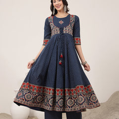 Kimayra Cotton Calf Length Printed 3/4 Sleeve Round Neck Flared Kurta Suit Set