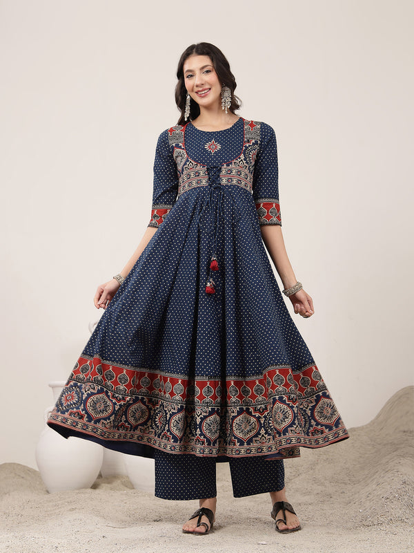 Kimayra Cotton Calf Length Printed 3/4 Sleeve Round Neck Flared Kurta Suit Set