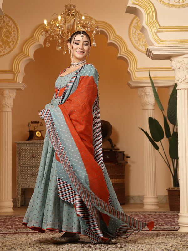 Kimayra Cotton Calf Length Printed Full Sleeves Round Neck Anarkali Kurta Suit Set