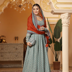 Kimayra Cotton Calf Length Printed Full Sleeves Round Neck Anarkali Kurta Suit Set