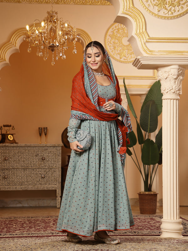 Kimayra Cotton Calf Length Printed Full Sleeves Round Neck Anarkali Kurta Suit Set