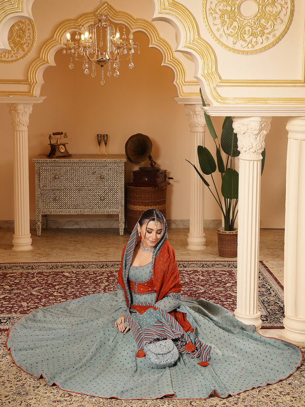 Kimayra Cotton Calf Length Printed Full Sleeves Round Neck Anarkali Kurta Suit Set