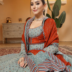 Kimayra Cotton Calf Length Printed Full Sleeves Round Neck Anarkali Kurta Suit Set