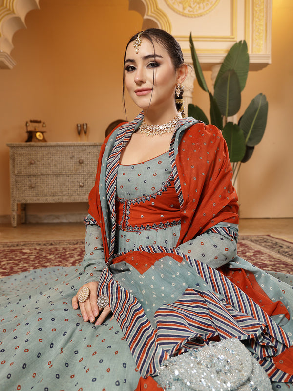 Kimayra Cotton Calf Length Printed Full Sleeves Round Neck Anarkali Kurta Suit Set