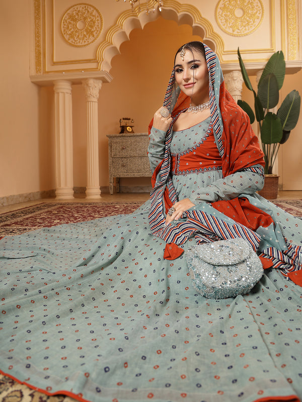 Kimayra Cotton Calf Length Printed Full Sleeves Round Neck Anarkali Kurta Suit Set