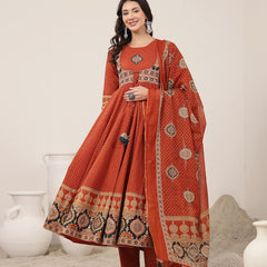 Kimayra Cotton Calf Length Printed 3/4 Sleeve Round Neck Flared Kurta Suit Set